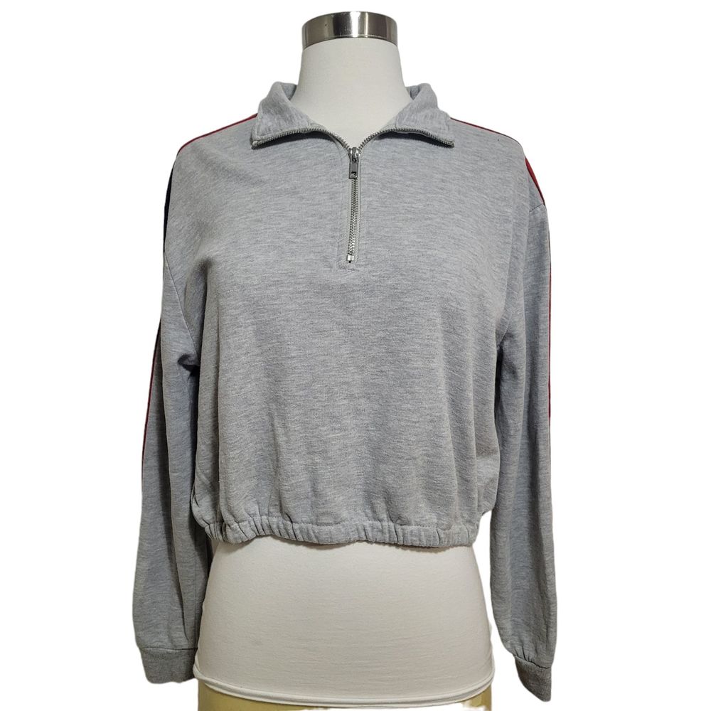 LA Hearts Gray Quarter Zip Crop Sweatshirt Stripe Sporty Streetwear Top Size XS